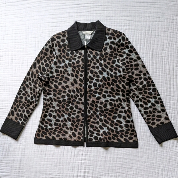 Misook Knit Jacket Cardigan Sweater Women XL Leopard Full Zip Stretch Acrylic - Picture 1 of 7
